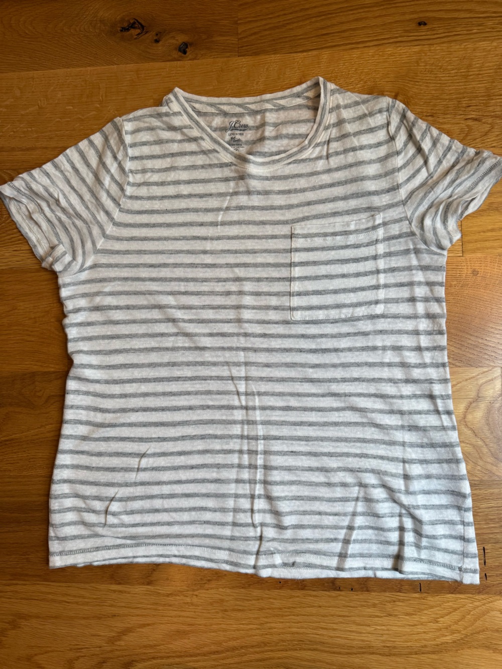 JCrew Women’s Linen Casual Striped Pocket Tee - Light Gray & White